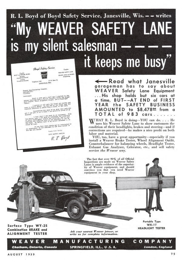Weaver AD from 1939 Featuring WX-17 Headlight Tester and WY-25 Brake Tester