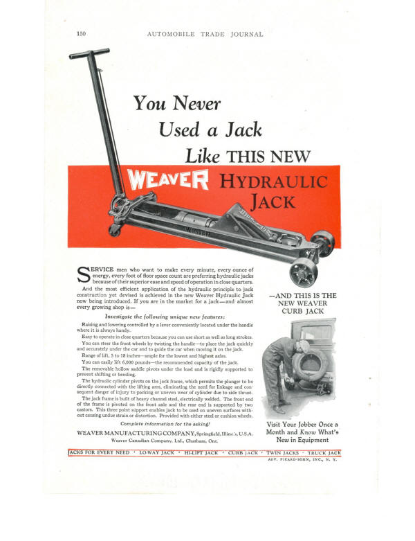 Weaver Hydraulic Jack Ad from 1928