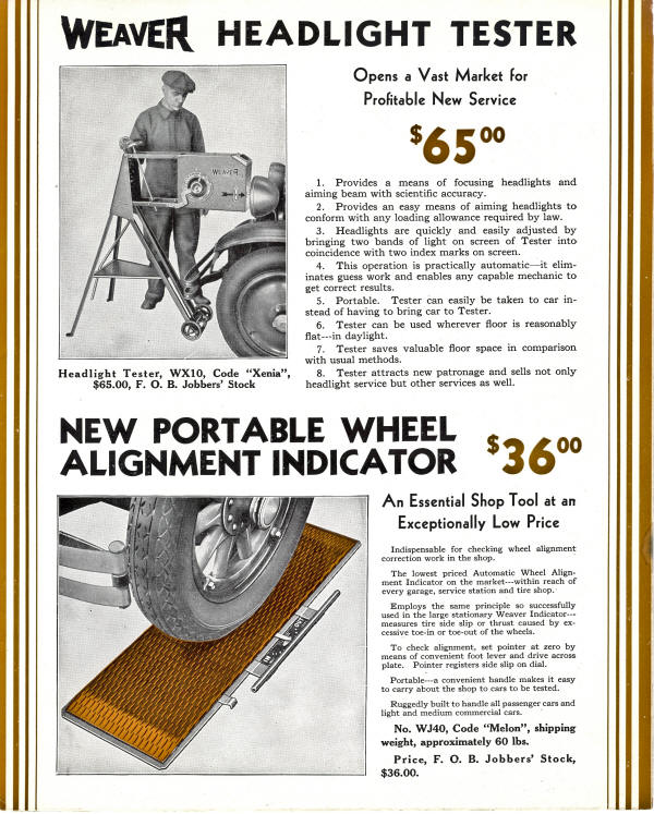 Weaver headlight and Alignment Tester Flyer from 1933